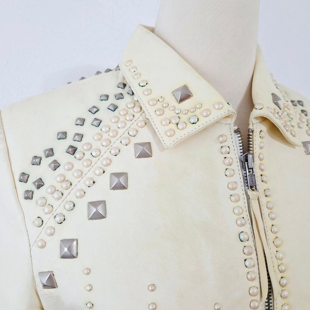 Double D Ranch studded ivory leather biker jacket distressed western size medium - Picture 5 of 13